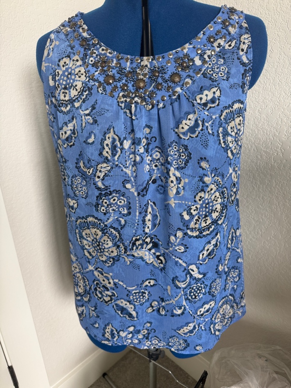 Style & Co. Blue Floral Sleeveless Top with Beaded Scoop Neck